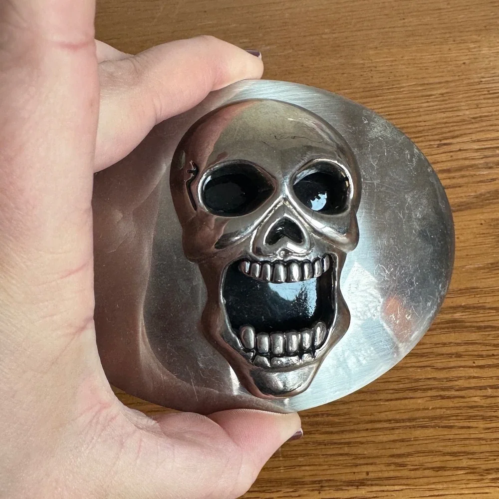 Vintage‎ Silver Tone Screaming Skull Oval Belt Buckle Mens Biker Gothic Metal